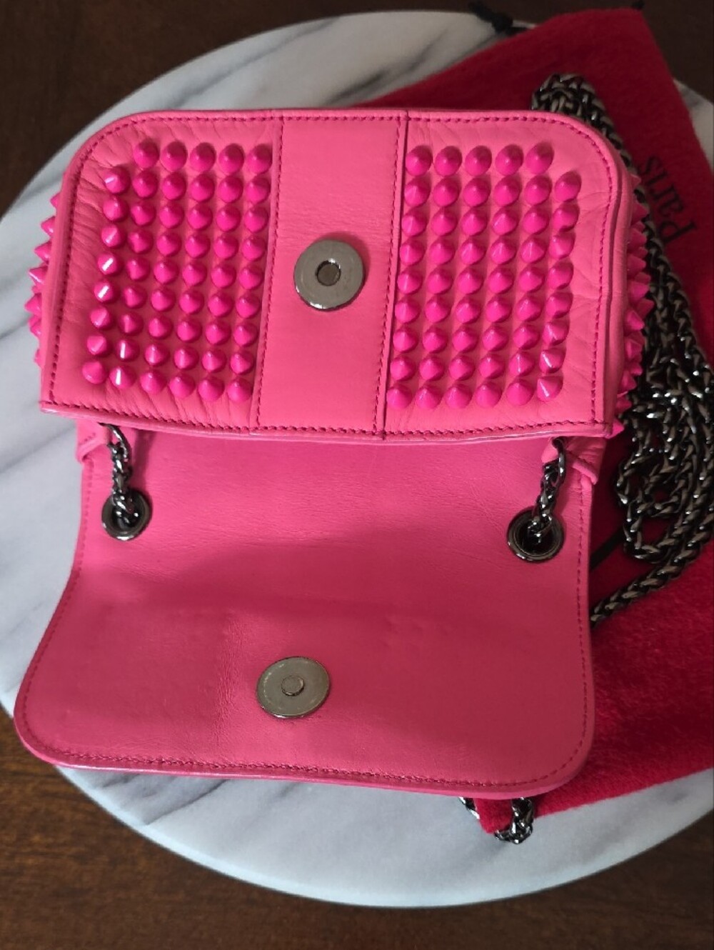 Christian Louboutin "Sweet Charity" Hot Pink Spike-Trim Bow Crossbody Bag 💖 - Picture 15 of 17